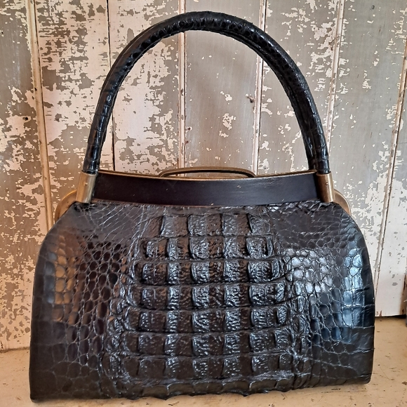 Vtg Alligator Bag Black 50s EUC Double Handle - Picture 2 of 12